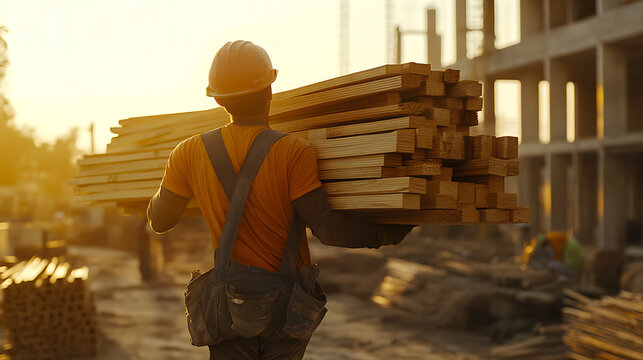 Construction Worker Carrying Wood Planks at Sunset