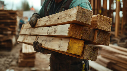 Worker Carrying Wooden Planks at Construction Site