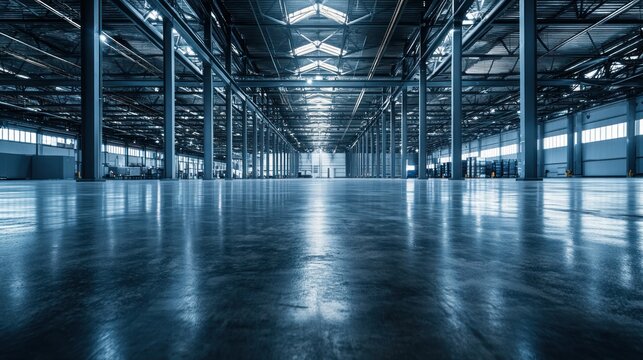 Massive warehouse interior with polished concrete floors and steel framework