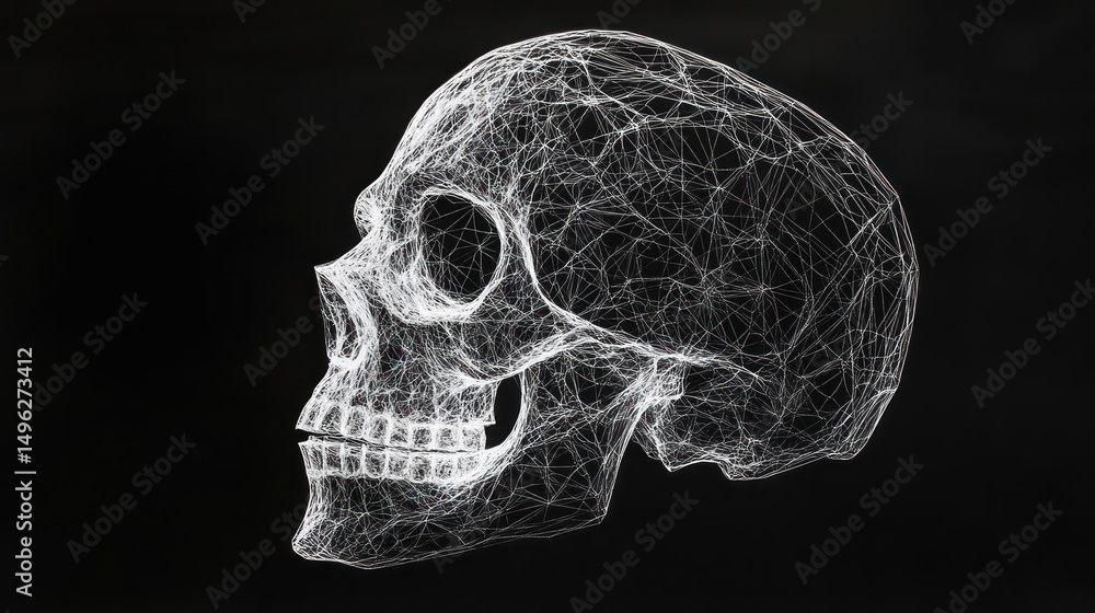 Poster intricate wireframe skull with dynamic lines against a dark background