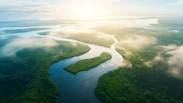 Ultra-detailed aerial shot of a river delta at sunrise, flowing in intricate patterns with mist rising, enhanced by long-exposure smoothness