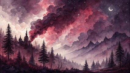 Fototapeta premium A watercolor painting of a forest landscape with a moon and pink and purple cloudy sky above it all created with generated ai