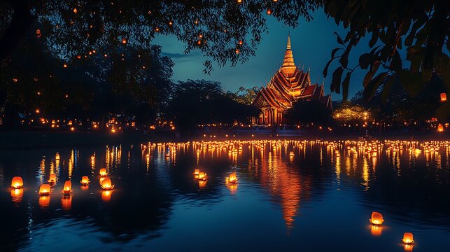 Pagoda reflected in water with floating lanterns at twilight.