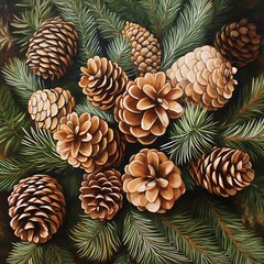 Pine cones and evergreen boughs arranged in a decorative design.