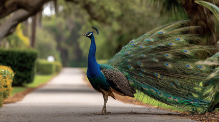 Obraz premium Peacock displaying vibrant feathers on garden pathway