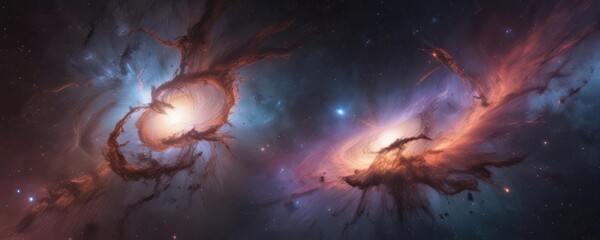 Vast, swirling nebula with distant star clusters ,  astronomical,  yellow
