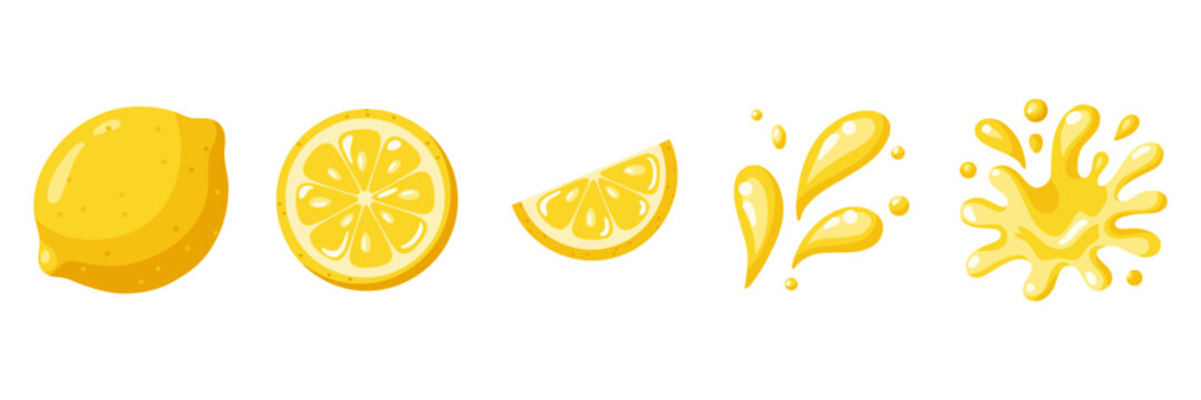 Lemon slices, yellow drops and splash set. Elements for drink and food. Cartoon vector isolated illustration