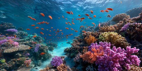 Fototapeta premium Colorful coral reef teeming with fish in a tropical ocean
