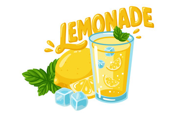 Fresh summer lemonade in glass with lemon, ice, mint leaves and bold text. Cartoon vector illustration on white background