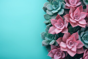 Arranjo floral de suculentas rosa e verde-azulado sobre fundo turquesa
