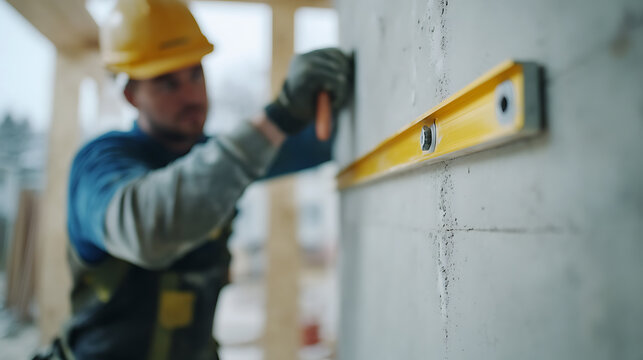 Construction Worker Using Level Tool on Wall - Powered by Adobe