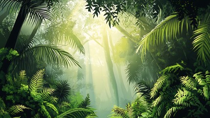 Lush tropical forest scene with sunlight filtering through the canopy.