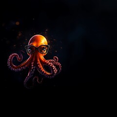 A whimsical octopus wearing glasses, set against a dark background with subtle sparkles