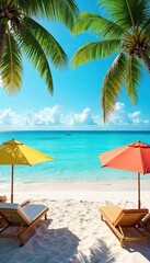 Obraz premium Sun-drenched beach scene with turquoise water, vibrant beach umbrellas, and gently swaying palm trees Perfect for travel, vacation, and summer themes , scenic, freedom
