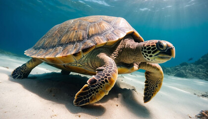 Turtle Moving Across the Ocean Floor