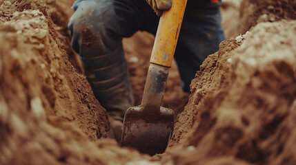 Worker Digging a Trench with a Shovel