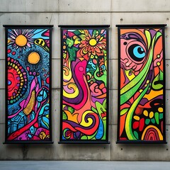 Vibrant, abstract artwork adorning a concrete wall.