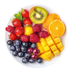 Assorted fresh fruit in white plate, A colorful fruit stack with assorted berries and tropical fruits on a white plate, elegant presentation on a clean surface, isolated on transparent background
