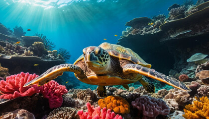 Turtle Navigating the Ocean Floor Gliding Past Vibrant Corals