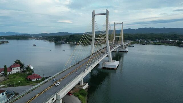 Aerial View of kendari suspension bridge in kendari bay