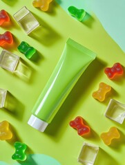 Bisnaga cosmética verde sobre fundo verde-limão com balas de gelatina