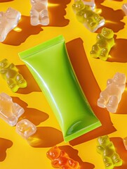 Bisnaga Verde e Ursinhos de Goma em Fundo Amarelo