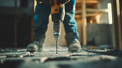 Construction Worker Using a Drill on Concrete