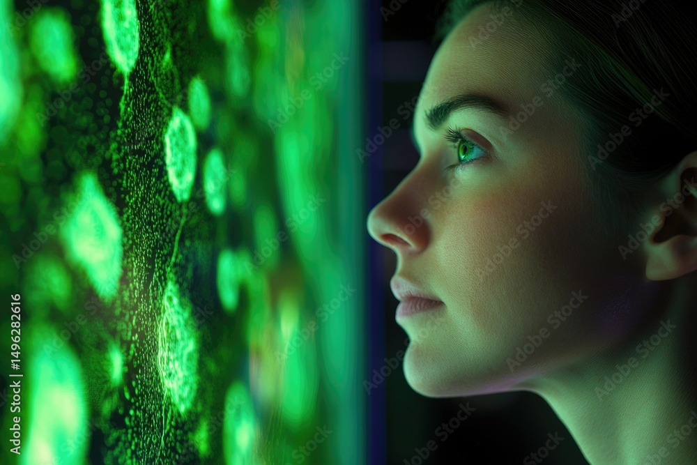 Aufkleber a woman gazes intently at a vibrant green digital display showing complex data patterns.