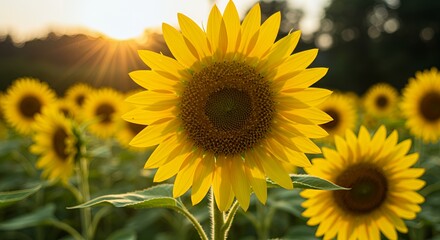 Obraz premium Vibrant sunflowers in a field at sunset.