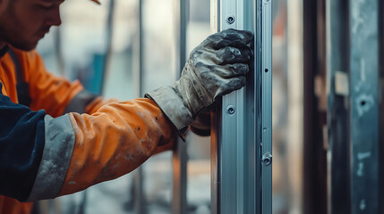 Construction Worker Installing Metal Stud Framing