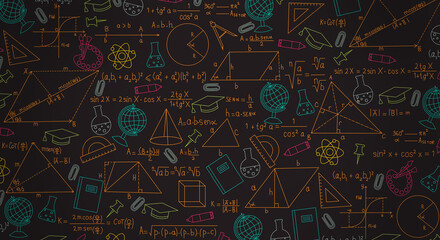 Illustration with school and science themes. Mathematical formulas, geometric figures, laboratory flasks, globes, educational accessories are drawn. Suitable for design, background for presentations