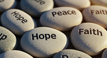 Close-up view of stones engraved with words of hope, peace, and faith.