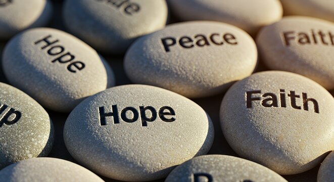 Close-up view of stones engraved with words of hope, peace, and faith.
