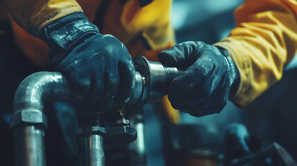 Worker in Protective Gear Handling Industrial Pipes