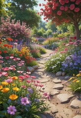 Stunning spring garden panorama, colorful flowers ,  flora,  green