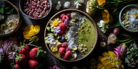 Tigela de Smoothie Verde com Frutas e Flores