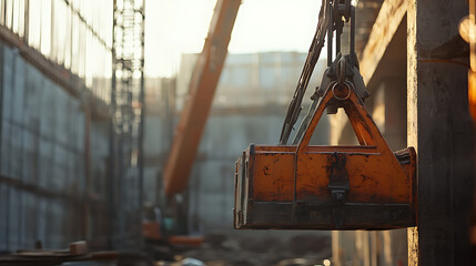 Construction Site with Crane Hook at Sunset