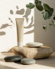 Tubo de creme e pedra decorativa em tons neutros com sombras suaves