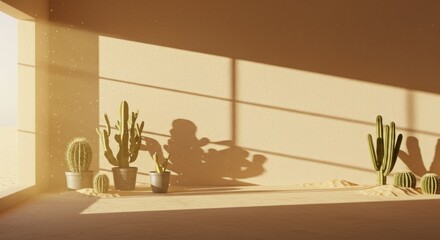 Desert-inspired interior with cacti and sunlight