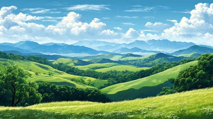 Naklejka premium Lush green hills and mountains under a vibrant sky.