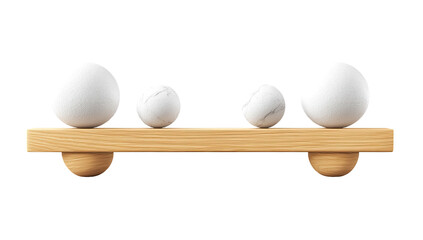 Wooden platform with varying sized white spheres