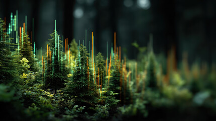 An abstract digital graph overlay on forest landscape symbolizing esg growth and green energy investment with futuristic and sleek design