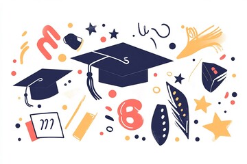 Graduation celebration wishcard cap and diploma illustration stars and confetti elements bold typography and academic symbols