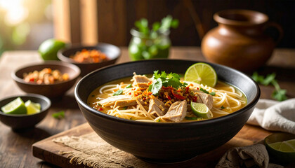 Halal soto ayam with sambal and lime, cozy morning at home with natural light