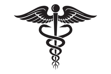 Caduceus medical symbol with golden wings and snakes, a healthcare emblem on a white background