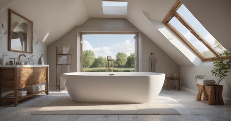 Fototapeta premium Luxurious attic bath, freestanding tub, skylight, modern, rustic
