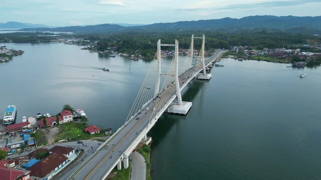 Aerial View of kendari suspension bridge in kendari bay