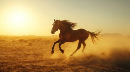 Majestic Arabian Horse Galloping Freely Through a Desert Landscape at Sunset