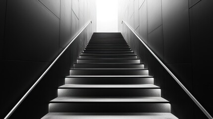 Elegant monochrome staircase ascending towards a bright opening or source of light