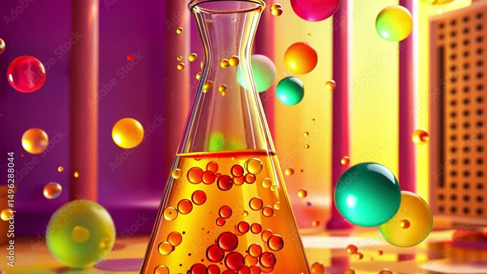 Poster vibrant laboratory with colorful flask, playful bubbles, and dynamic spheres creating creative scien